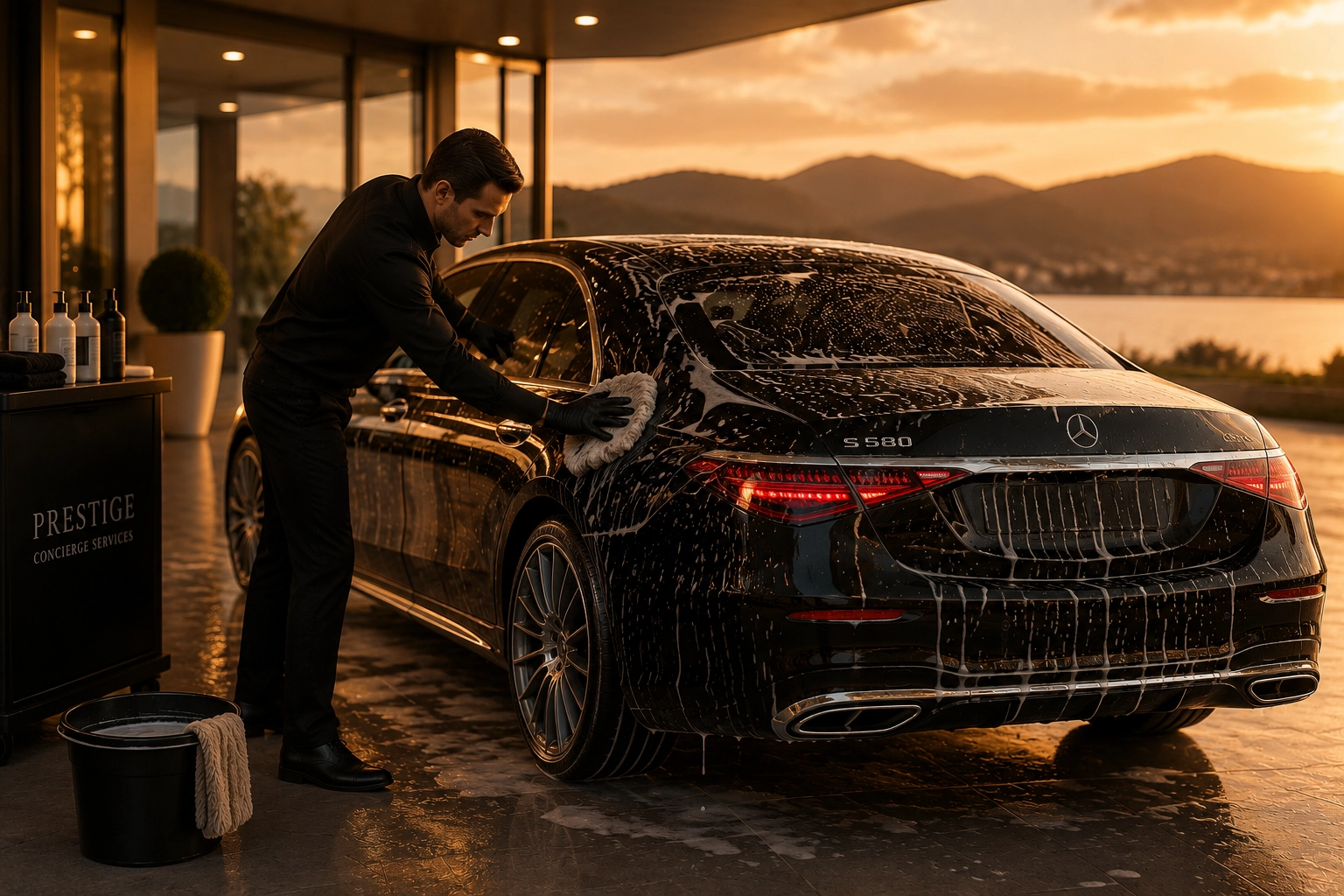 PRC Hand Wash Valet PRC A luxury Mercedes-Benz S-Class receiving a professional hand wash by a vehicle care specialist at sunset.