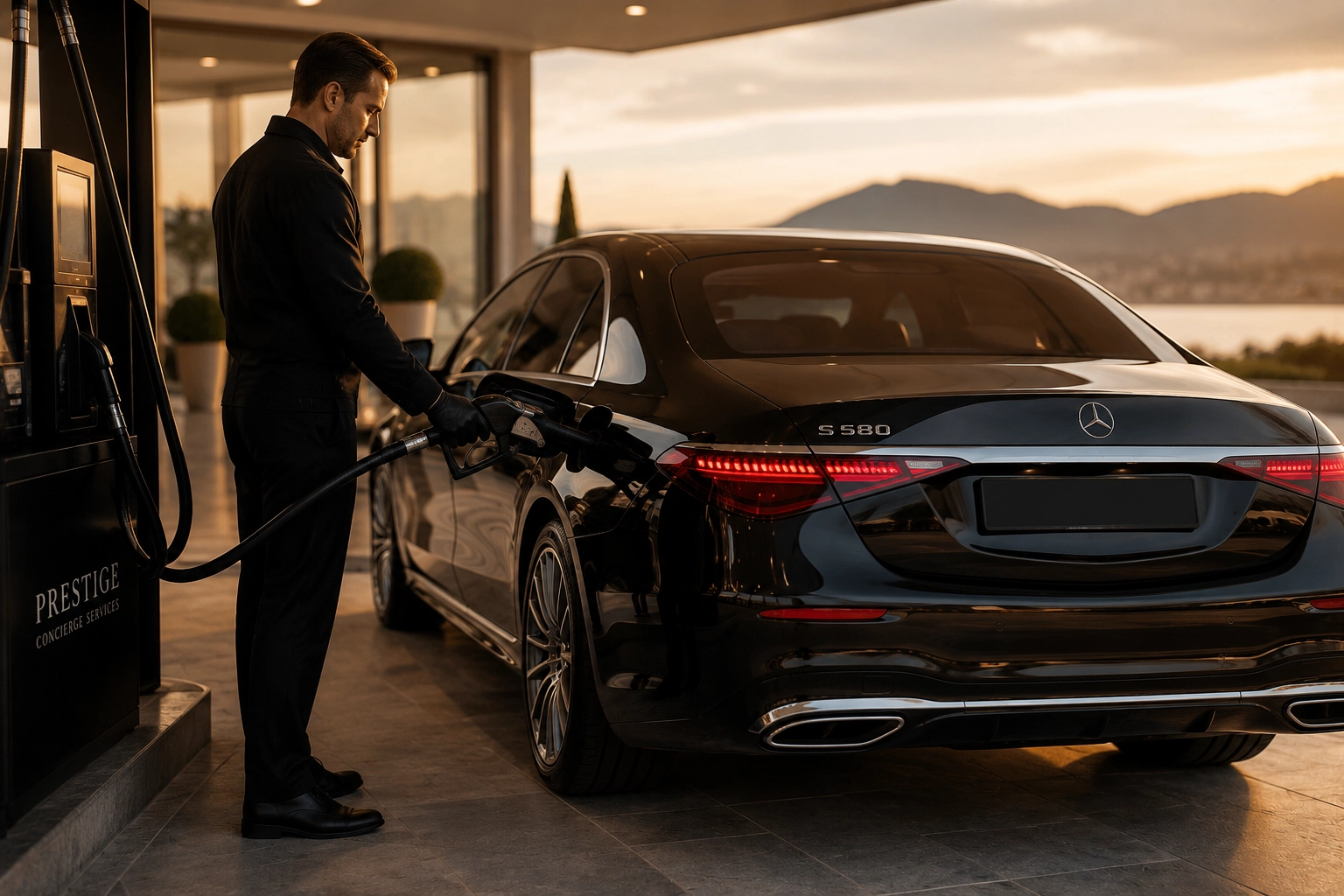 PRC-Refuelling-Service A luxury Mercedes-Benz S-Class being professionally refuelled by a concierge attendant at sunset.